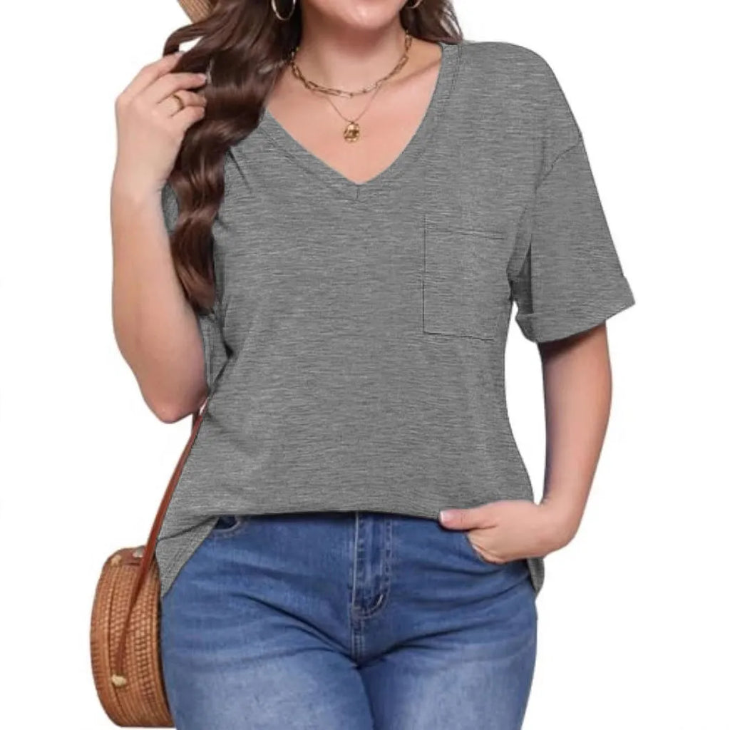 Grey loose-fit V-neck short sleeve t-shirt with a chest pocket on a solid background