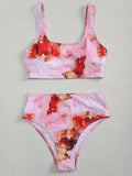 Marble tie-dye print women's high-waisted U-neck bikini swimwear set on a neutral background.