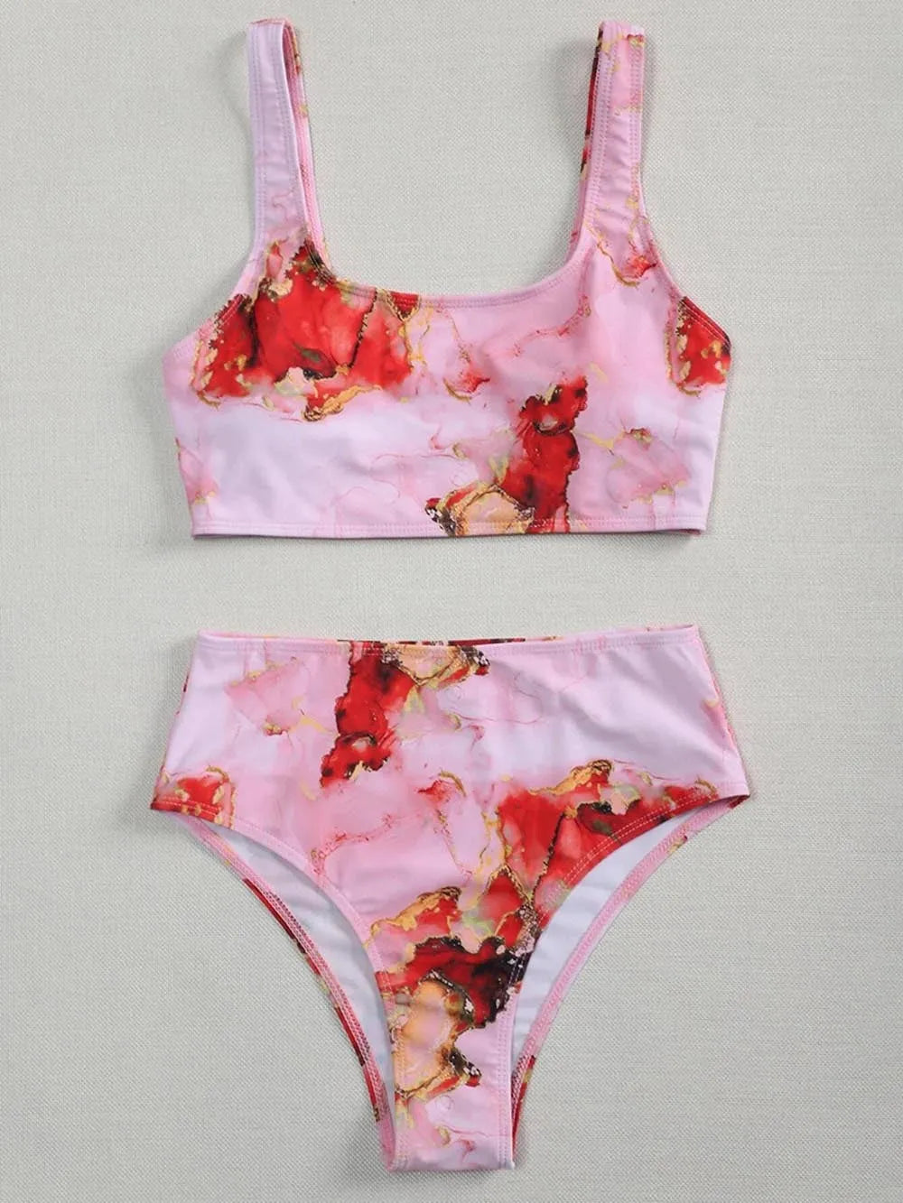 Marble tie-dye print women's high-waisted U-neck bikini swimwear set on a neutral background.