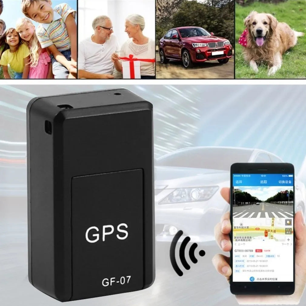 Small black magnetic GPS tracker device with USB cable for real-time vehicle and asset tracking.