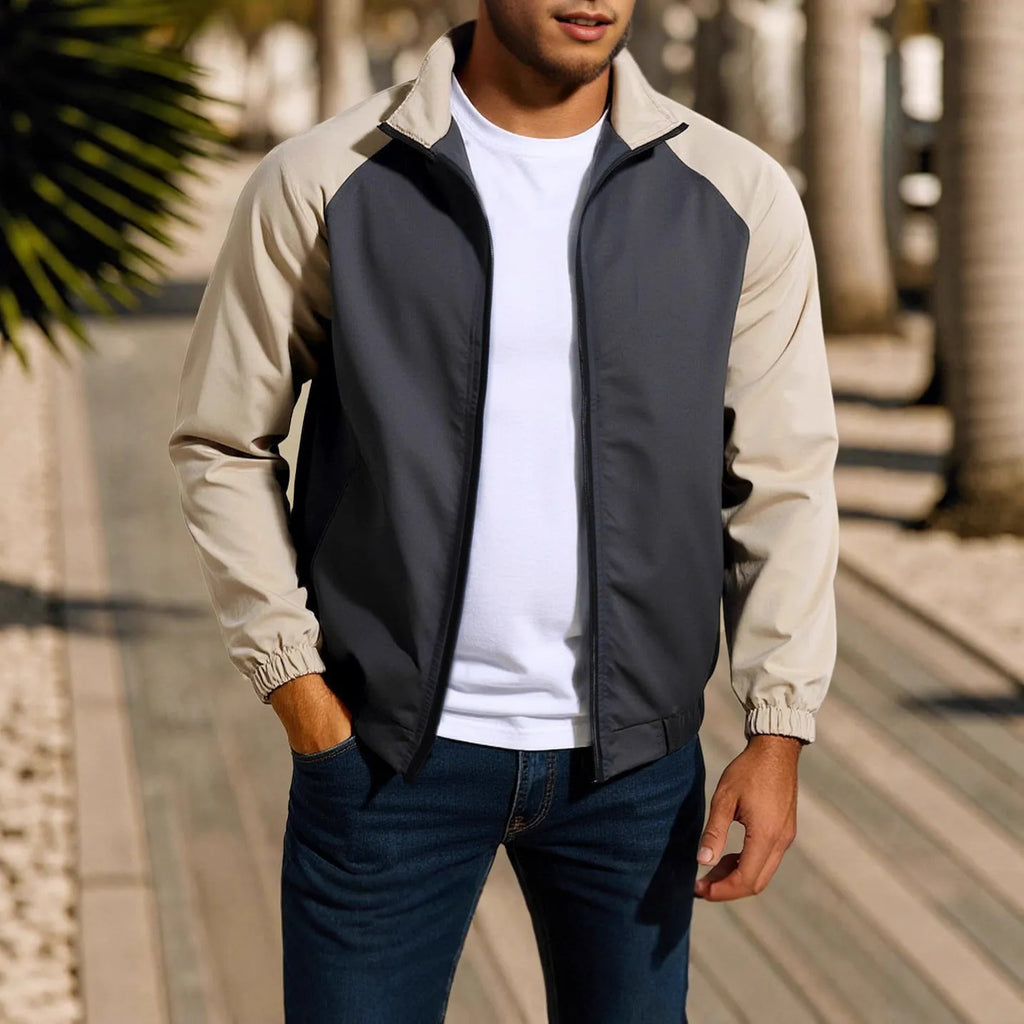 Men's loose-fitting casual coat with a stand collar and contrast trim, shown in green.
