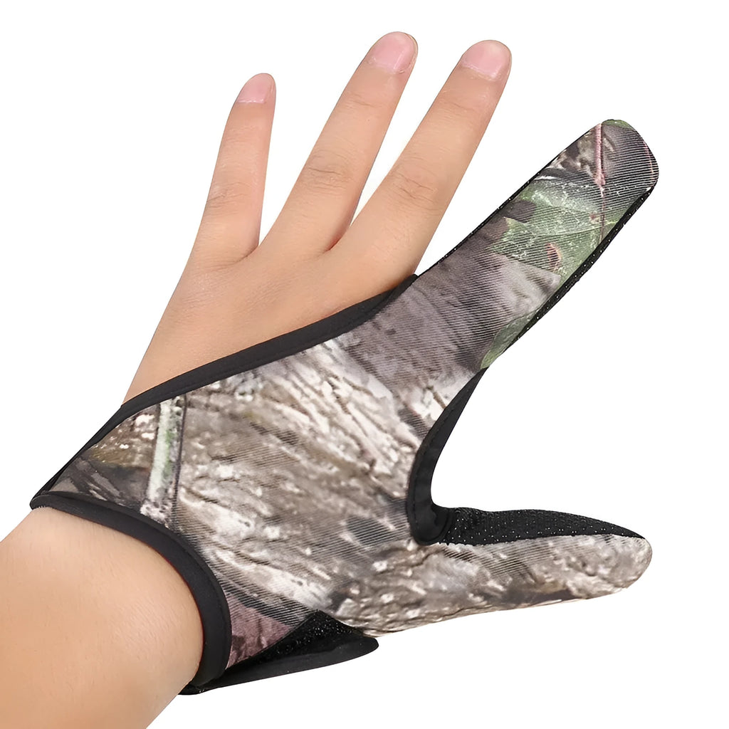 Two-finger fishing glove for lure handling in camouflage colour with diving cloth back and microfiber palm.