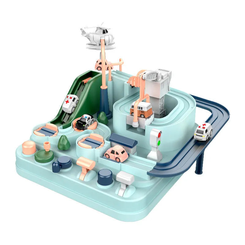 Big Adventure plastic toy set with multi-level parking garage, car tracks, and toy vehicles laid out for play.