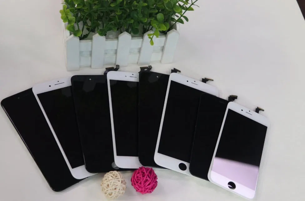 iPhone LCD replacement screen with capacitive touch layer and disassembly tool.