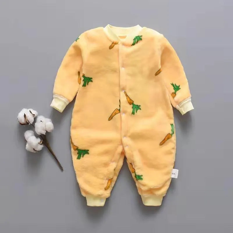 Baby wearing a long sleeve flannel romper with a printed panda pattern in pink and blue.