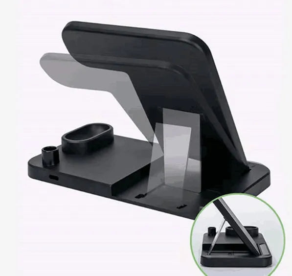 Black 4-in-1 wireless charging dock showing phone on adjustable stand, Apple Watch, AirPods, and Apple Pencil charging simultaneously.