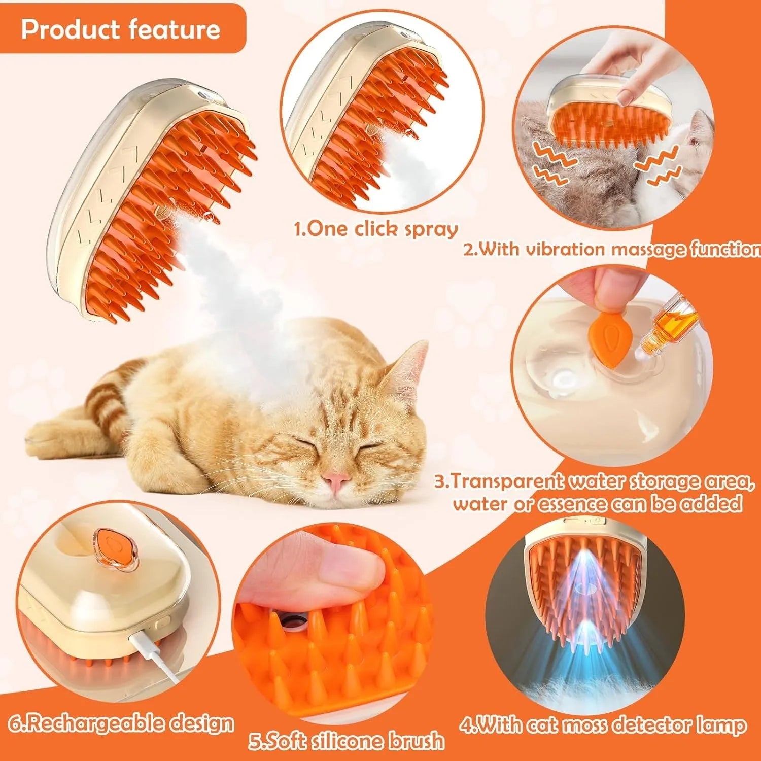 Yellow rechargeable cat steam brush with silicone teeth, water tank, and UV lamp for pet grooming.