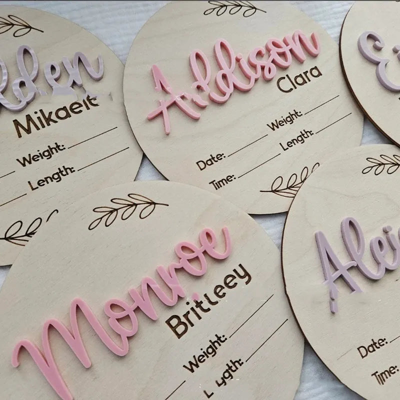 Square plywood name label with baby birth information, 15cm by 15cm, for nursery decoration.