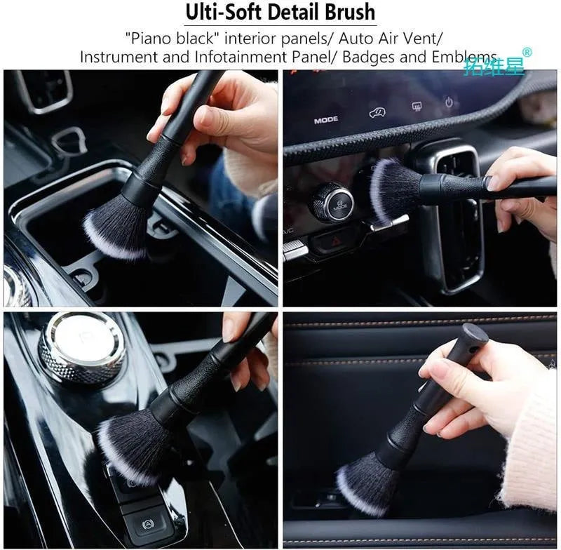 Black car detailing brush with super soft pig hair bristles showing 240mm and 160mm size options
