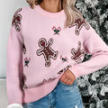 Women's spring round neck loose acrylic sweater in pink with long flight sleeves, shown on female model