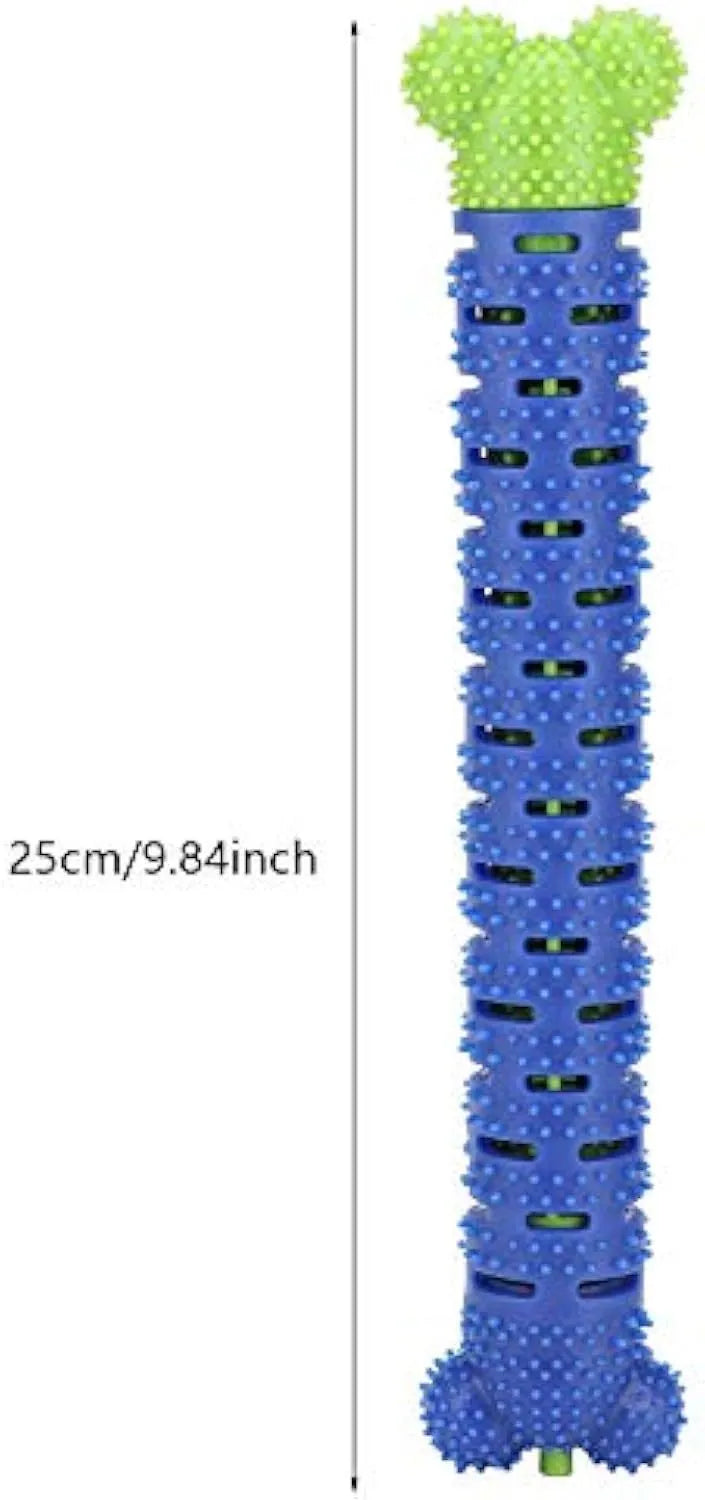 A blue-green silicone dog dental chewing stick with a textured brush head and nodules, showing its 25cm length.