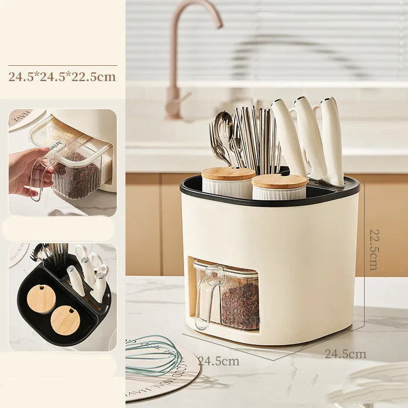 Rotating kitchen storage container with spice box organises utensils and seasonings
