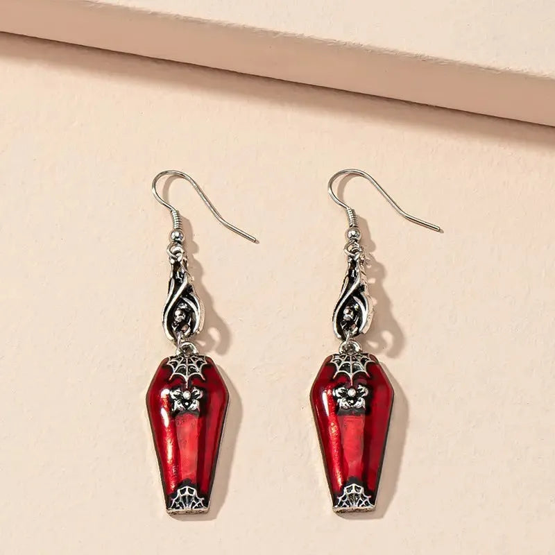 Red alloy Halloween earrings with bat and spider geometric drop design