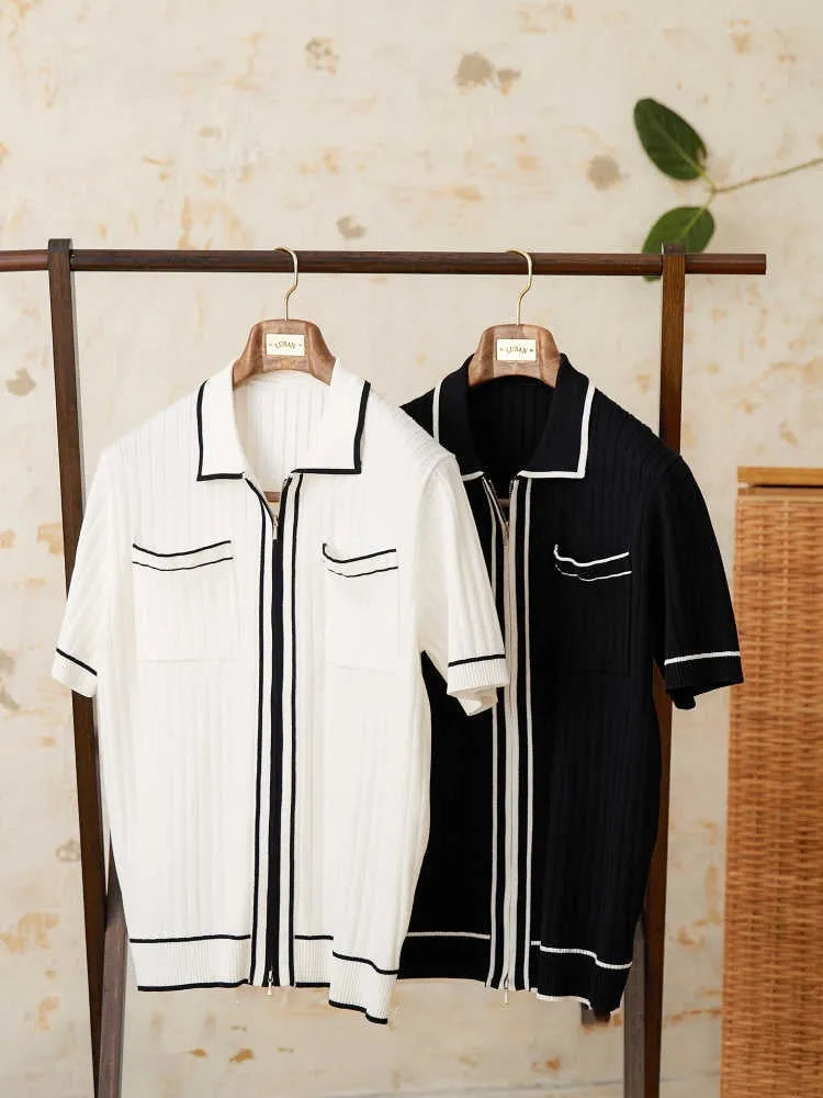 Slim black lapel collar knitted polo shirt with short sleeves on a mannequin.