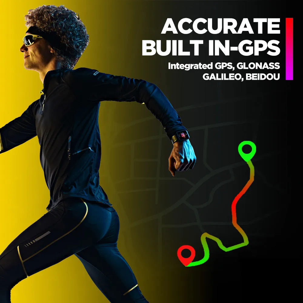 Black GPS sports smart watch with 1.78 inch display and rubber strap showing health metrics interface