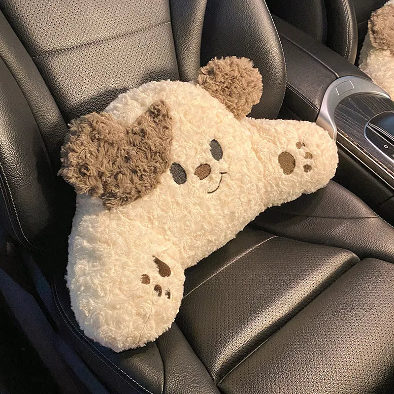 Car seat headrest and lumbar support pillow set in cartoon style with plush fabric