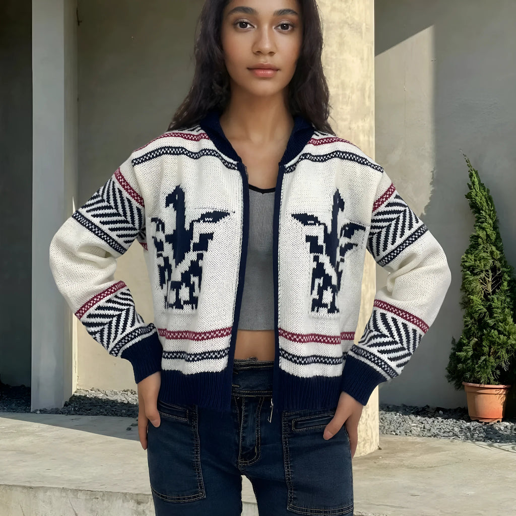 White women's zip-front cardigan with a lapel collar and jacquard knit pattern.