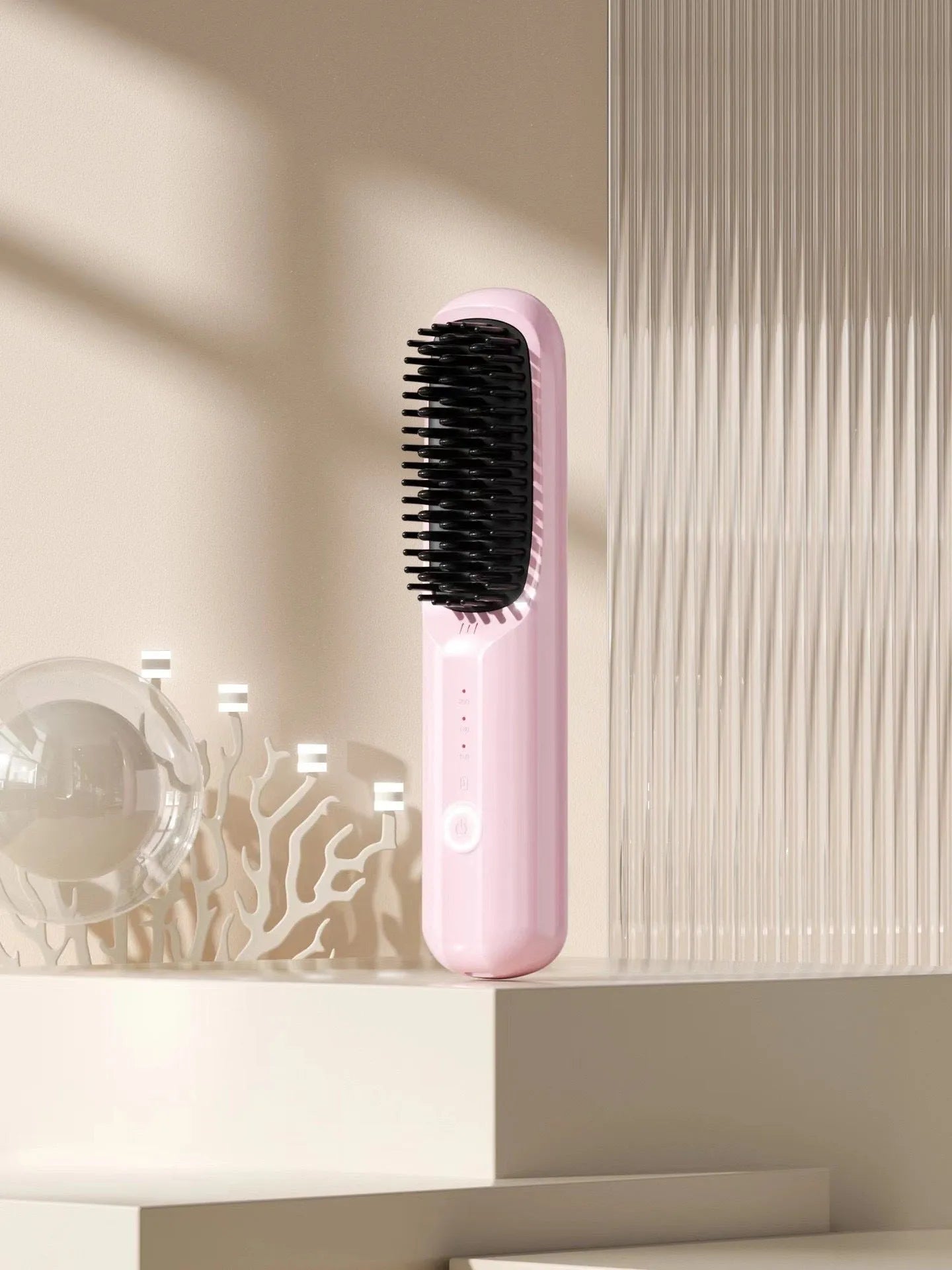 Beige wireless anion straight comb for hair styling on a table