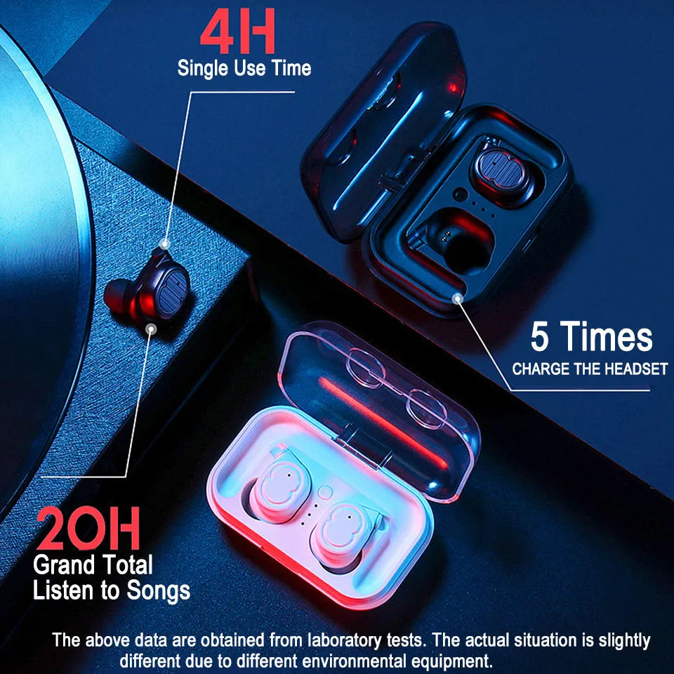 Touch control wireless Bluetooth earbuds in black, white, red, and blue colours showing earbud design.