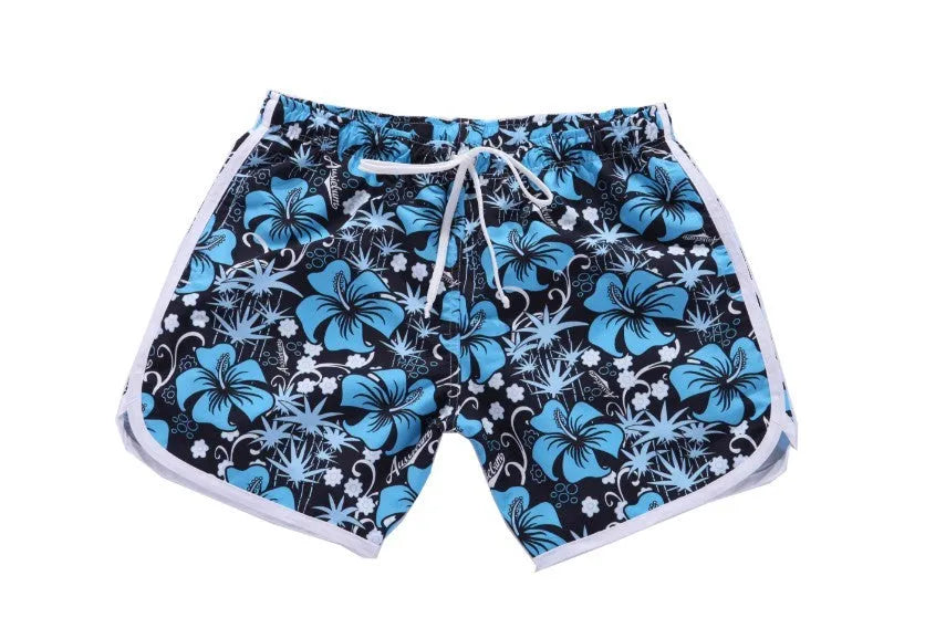 Men's loose quick-dry beach shorts in blue flower pattern, polyester-cotton fabric