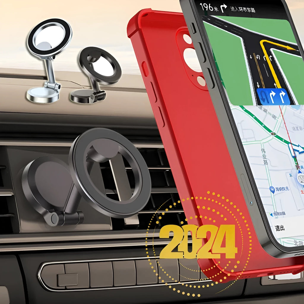 All-metal magnetic car phone mount in Qian Colour, shown folded and open on a dashboard.