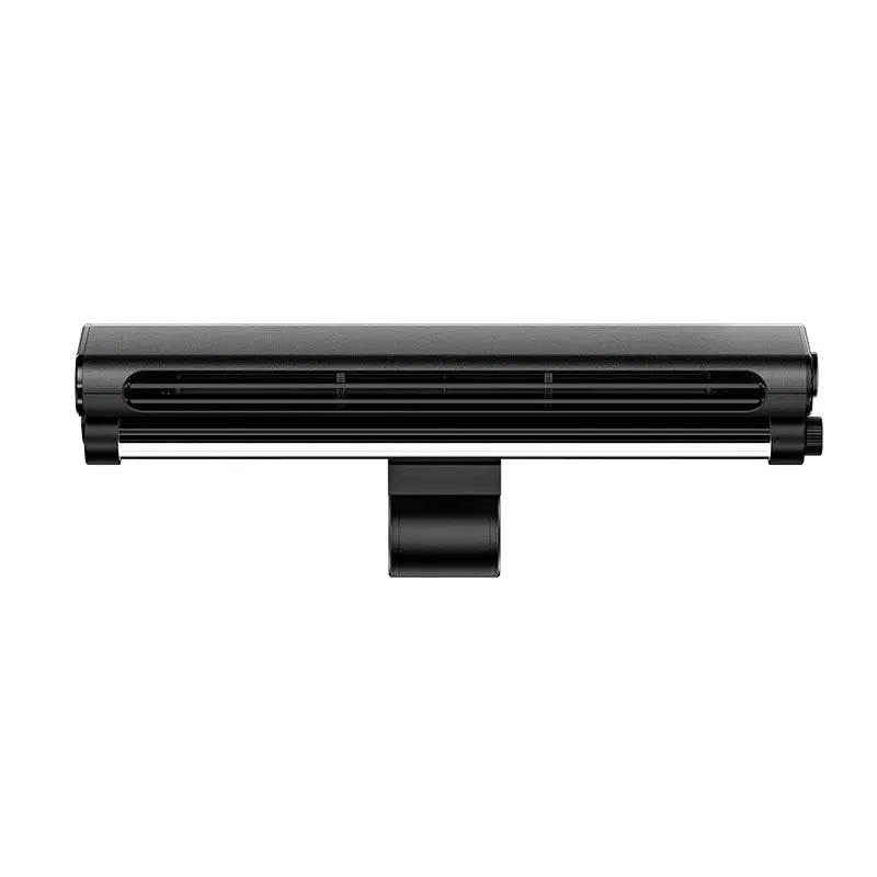 Black USB-powered bladeless fan clipped to a computer screen, showing integrated lighting lamp.