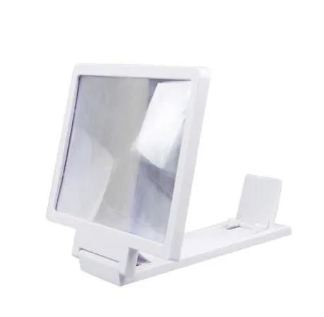 A black magnifying mobile phone stand holding a smartphone, showing the enlarged screen through the acrylic lens.