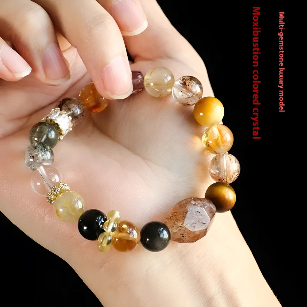 Handmade adjustable natural crystal beaded bracelet in black gold Duobao style