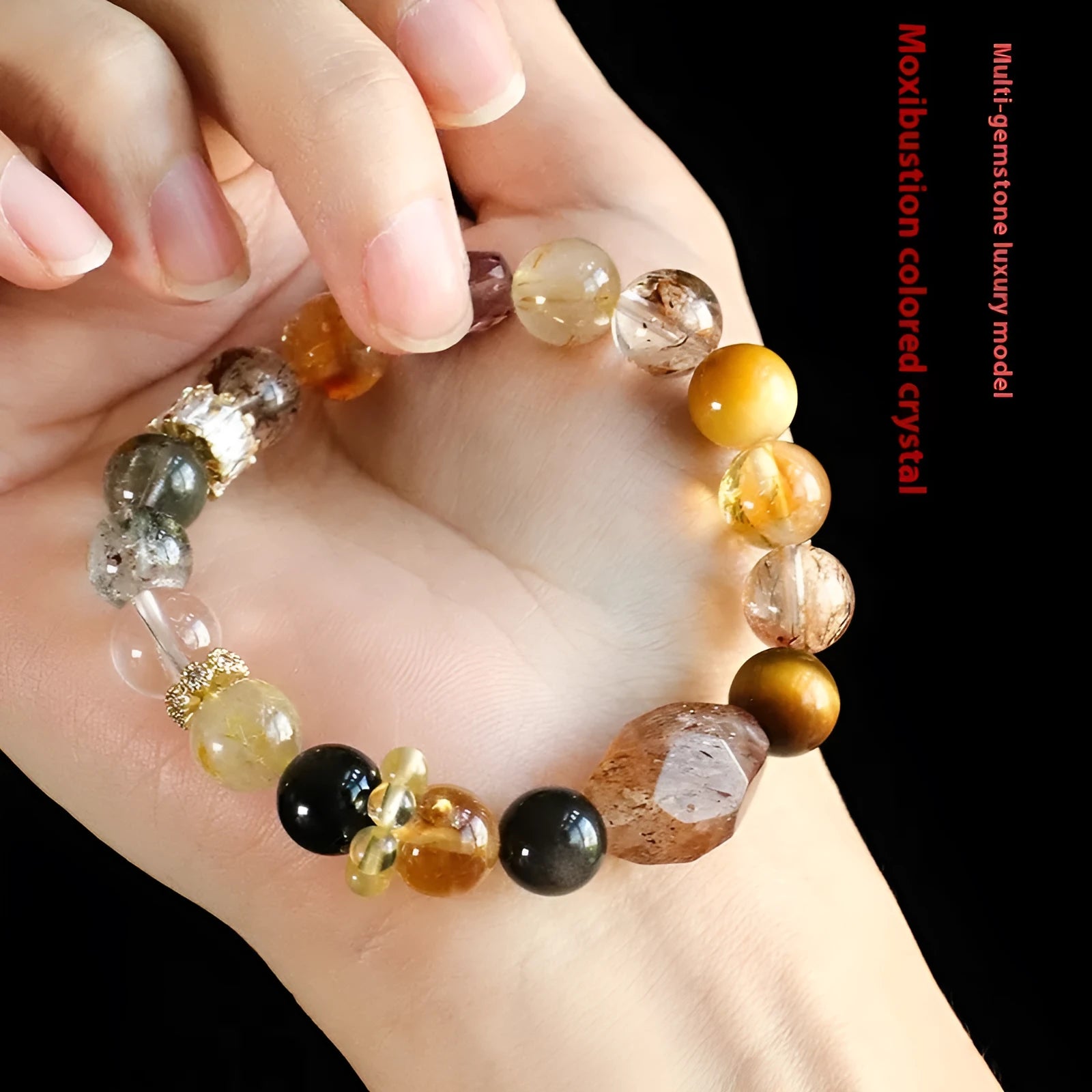 Handmade adjustable natural crystal beaded bracelet in black gold Duobao style