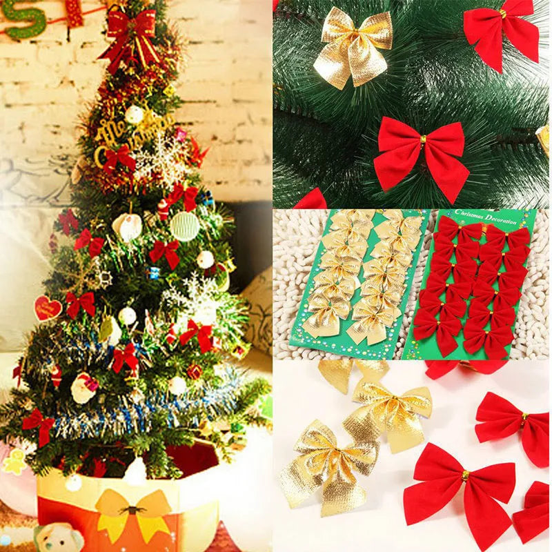 Red, gold, red gold, and silver 5 cm polyester Christmas decoration bows on a tree branch