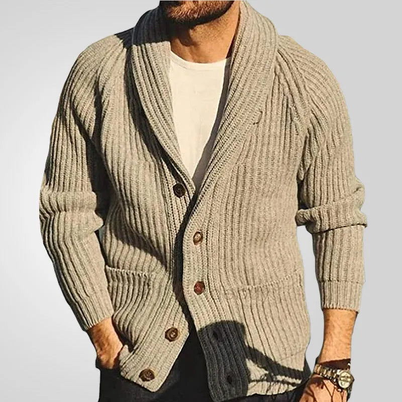 Men's khaki lapel knitting cardigan with front pockets and button closure on a plain background