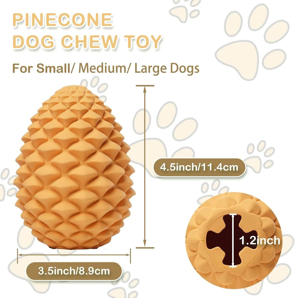 Yellow pine cone shaped natural rubber dog chew toy with treat dispensing feature