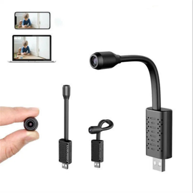 Black V380 wireless USB camera showing compact size of 158mm long, 26mm wide, and 15mm deep.