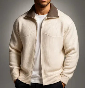 Men's thickened loose knit cardigan in beige, long sleeve, casual style for autumn winter