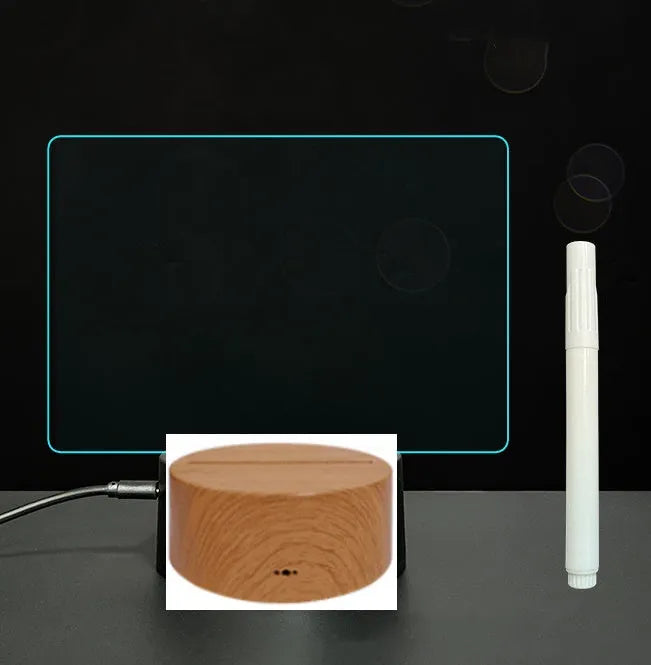 3D acrylic LED message board with touch control, black ABS base, USB cable, and stylus pen on desk