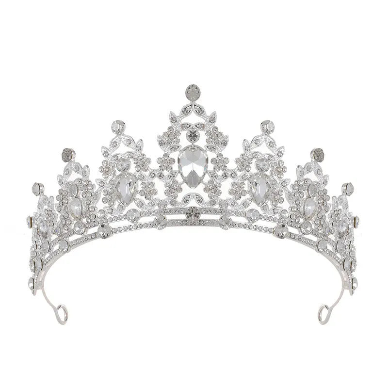 Baroque bridal crown headdress with rhinestones on an alloy frame in silver and gold colour options.