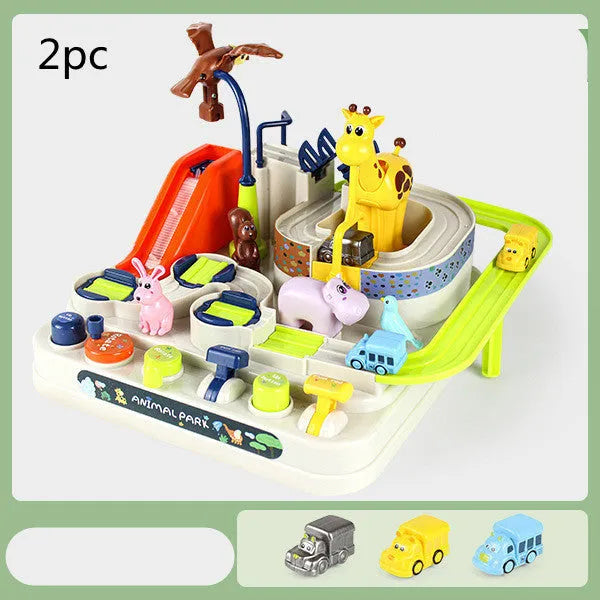 Big Adventure plastic toy set with multi-level parking garage, car tracks, and toy vehicles laid out for play.