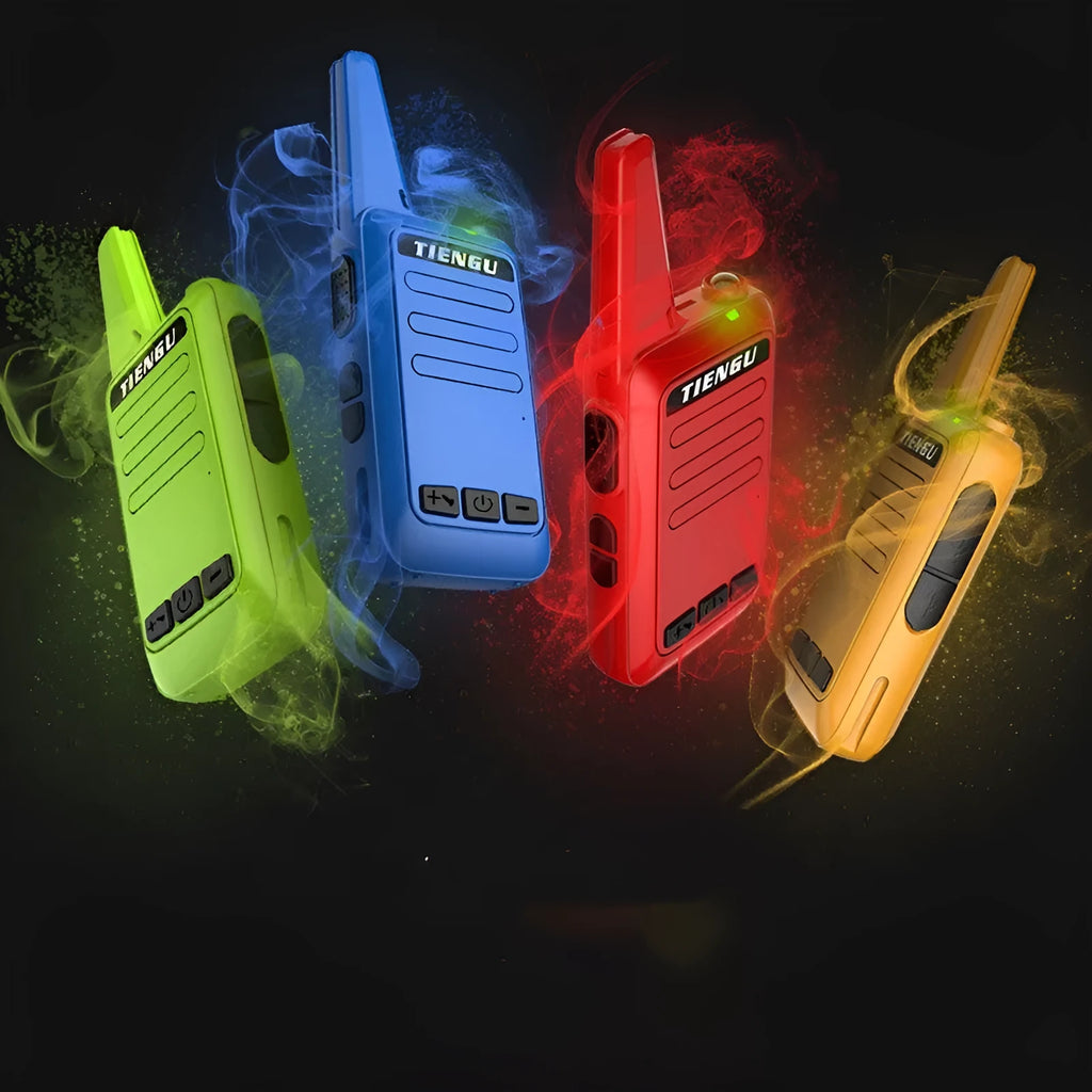 TIENGU black handheld two-way radio with antenna, LED flashlight, and back clip on a plain background