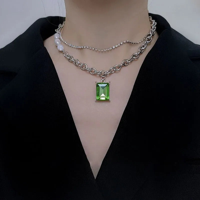 Green electroplated stainless steel multi-layer necklace with square brick geometry pendant and artificial crystal, adjustable 21-50cm chain