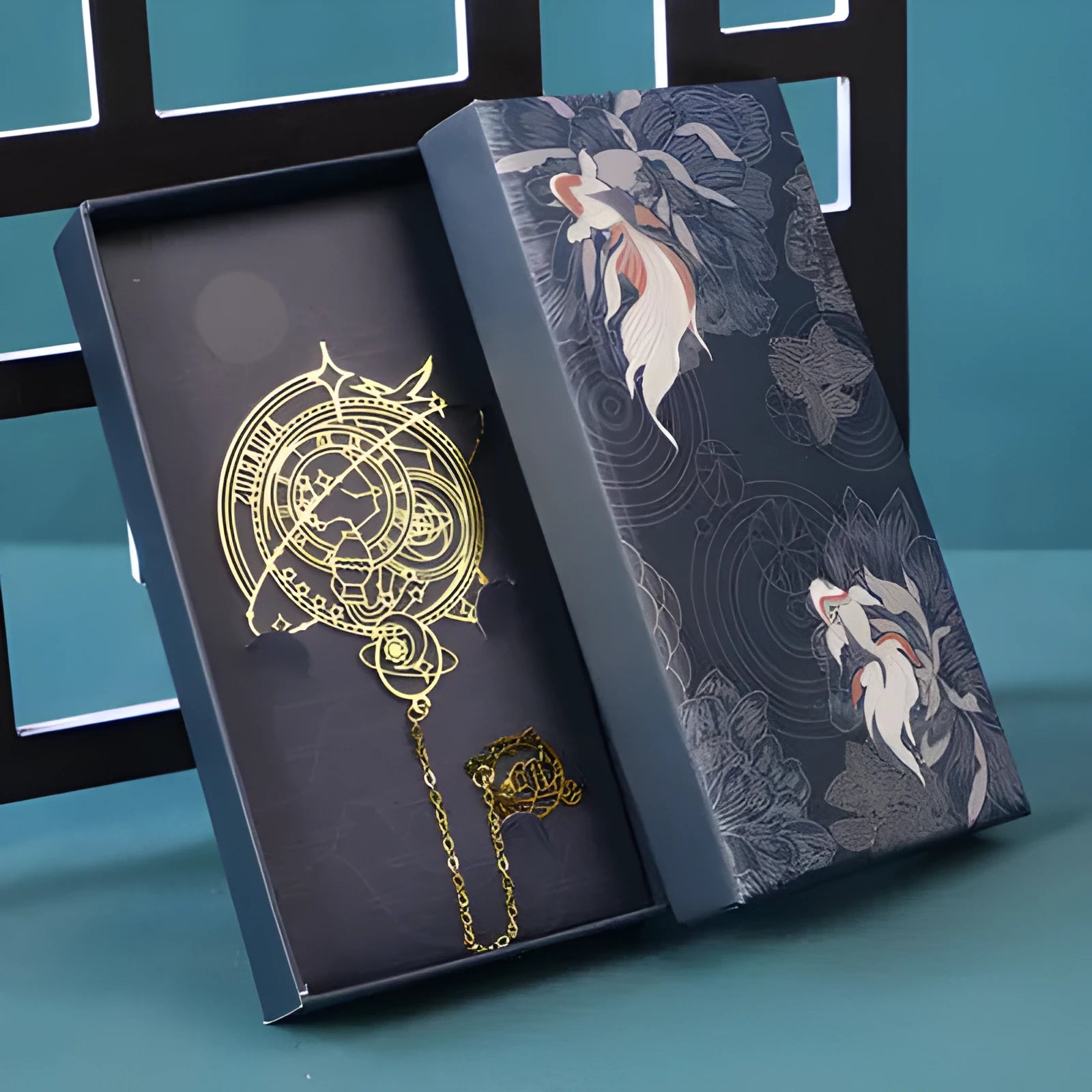Brass hollowed-out metal bookmark featuring a zodiac constellation design on a light background