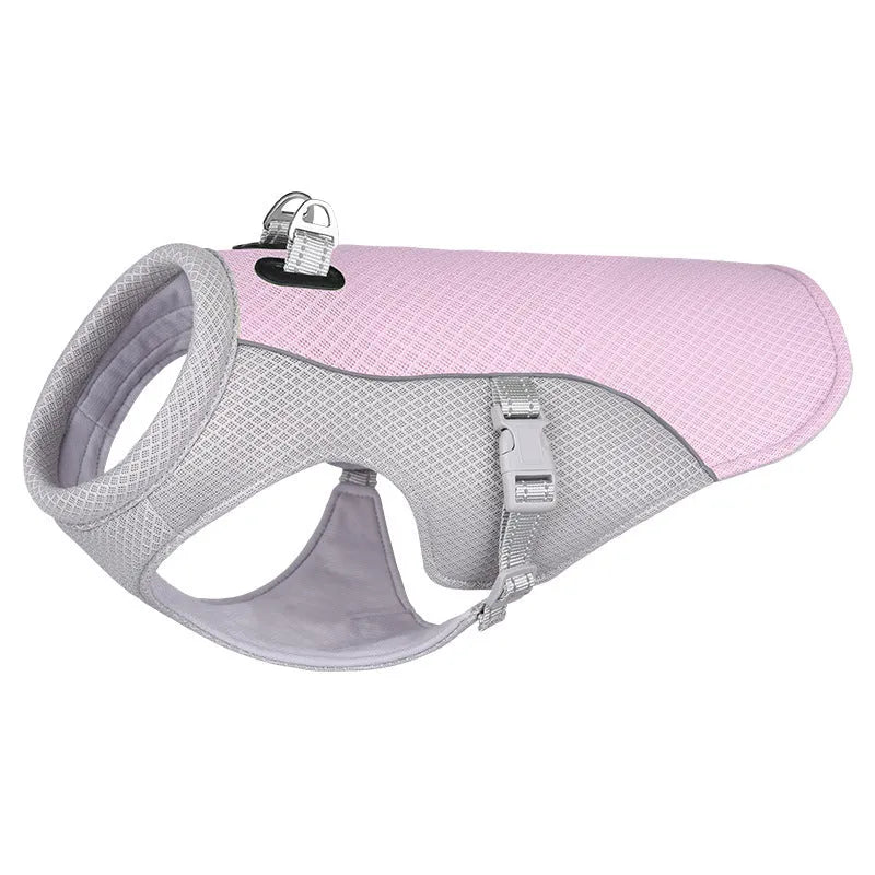 Orange polyester dog cooling vest showing layered construction for summer heat and sun protection.