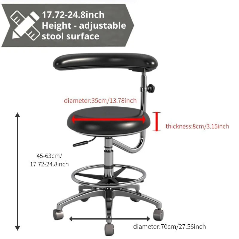 Black leather dental chair with lift adjustment for dentist and nurse clinic seating.