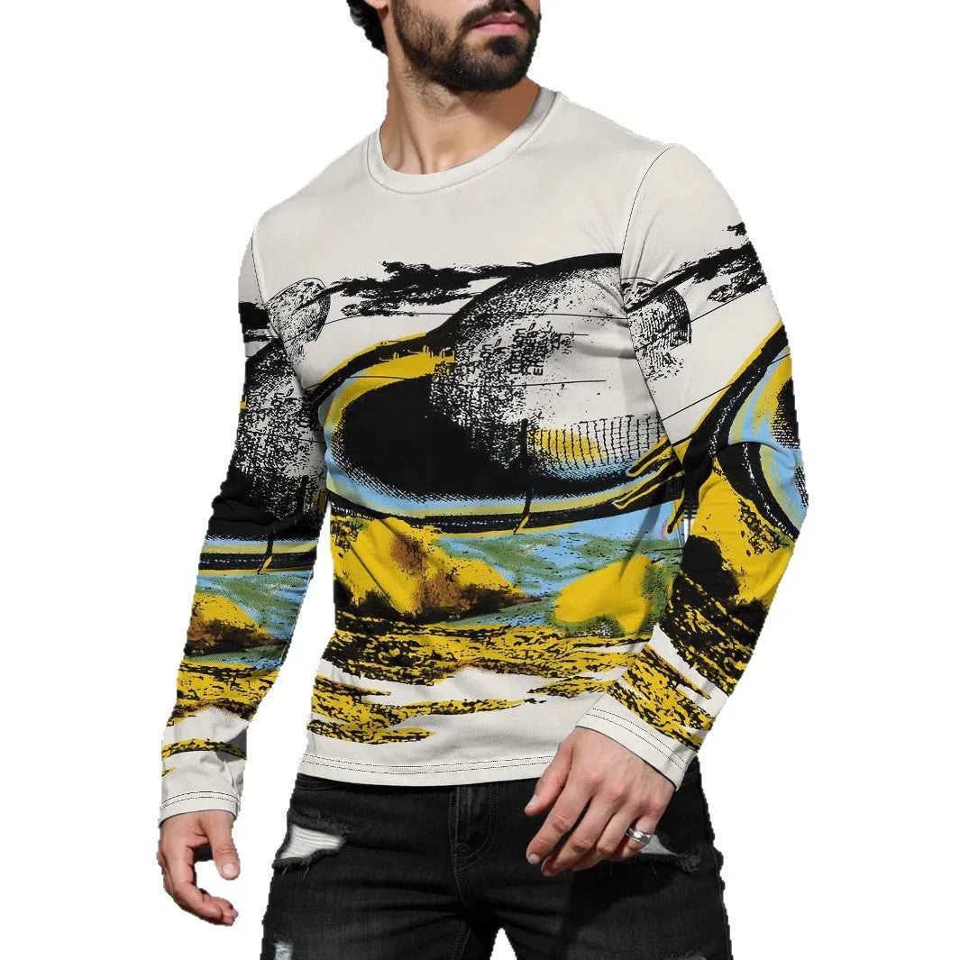Man wearing a simple grey long sleeve round neck pullover made from milk silk fabric.