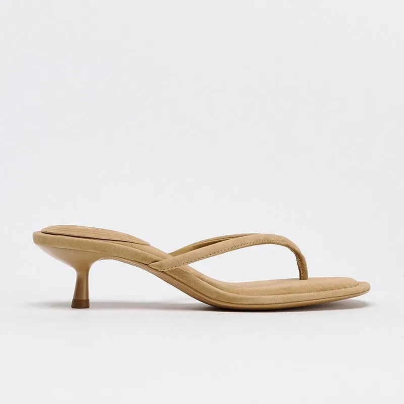 Women's khaki round-toe mid-heel flip-flop sandals with a microfiber upper and rubber sole on a white background.