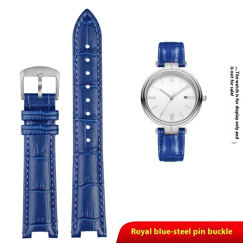 Women's genuine leather watch strap with notch design and pin buckle in black steel finish on a white background