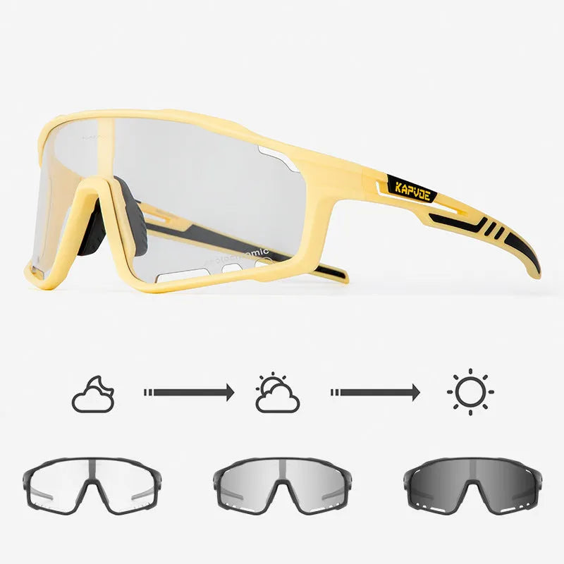 Photochromic cycling sunglasses with semi-rimless TR90 frame in one of 14 colour options.