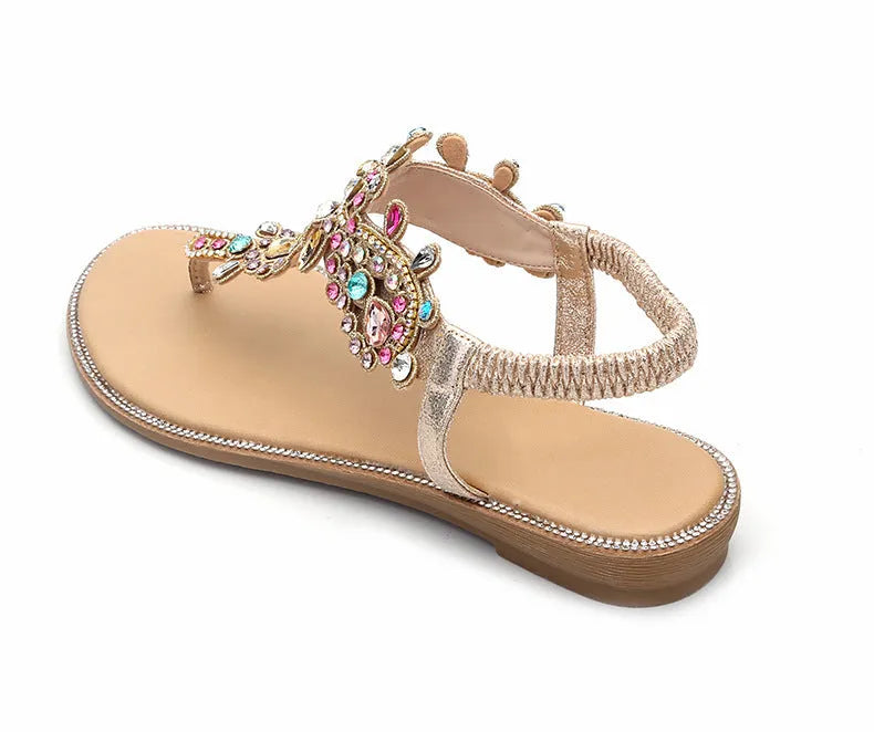 Gold low heel sandals with colourful diamond embellishments TPR sole open toe
