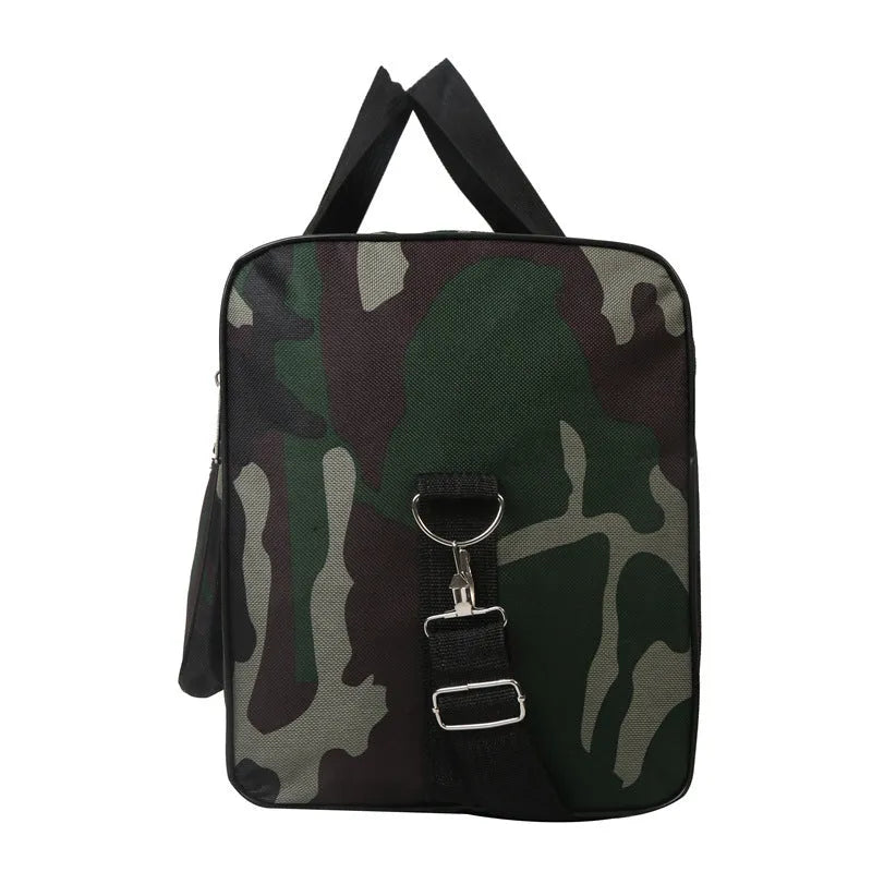 Large camouflage coloured waterproof luggage bag with striped polyester lining.
