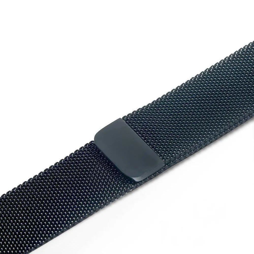 Stainless steel watch strap in silver, shown next to black, gold, and rose gold colour options.
