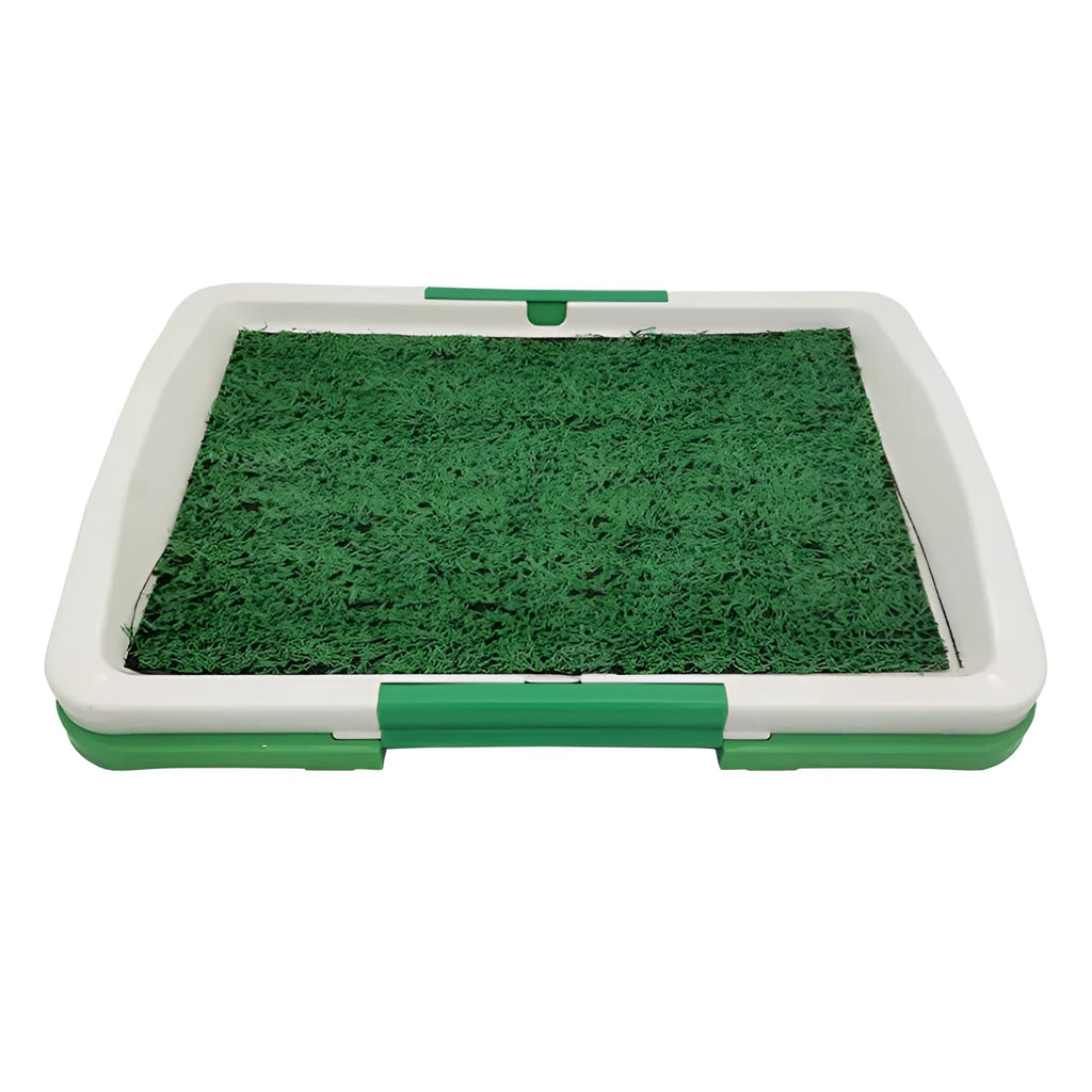 Green artificial grass dog toilet tray measuring 54cm by 38cm with three-layer construction